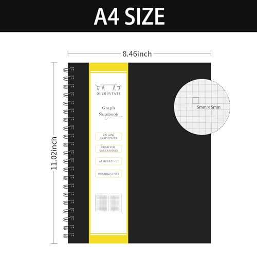 Graph Paper Spiral Notebook-A4 Grid Journal 8.5" x 11" - 4 Pack 160 Pages 100GSM Thick Paper Large Hardcover Notebooks for Note Taking Engineering Graphing Work School Supplies,Black - style: Graph