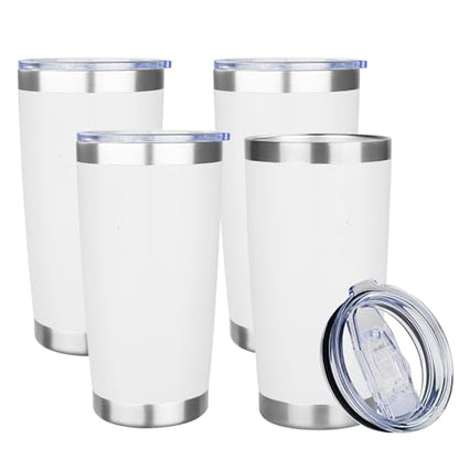 20oz Tumbler with Lid Stainless Steel Insulated Tumblers Travel Coffee Tumbler Bulk Double Wall Vacuum Insulated Water Cup Gifts for Christmas Women Men Her Him Home Office(White, 4pack) - color: White 4
