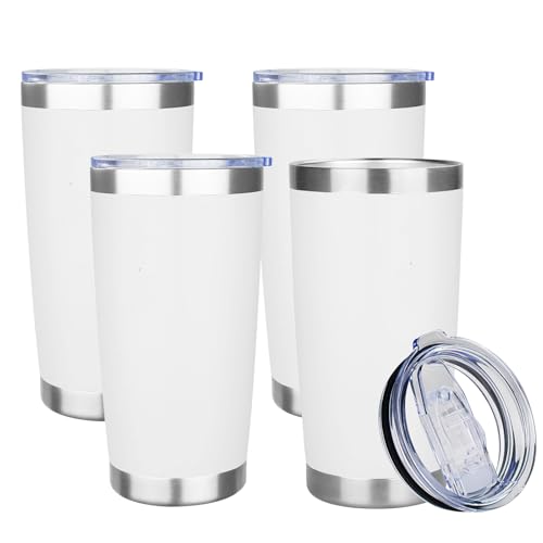 20oz Tumbler with Lid Stainless Steel Insulated Tumblers Travel Coffee Tumbler Bulk Double Wall Vacuum Insulated Water Cup Gifts for Christmas Women Men Her Him Home Office(White, 4pack) - color: White 4