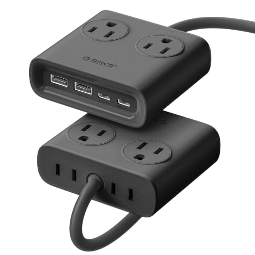 ORICO GaN 8-in-1 Power Strip with 4 AC Outlets, 2 USB-C 2 USB-A Ports, 45° Flat Plug, 5ft Extension Cord, Compact Desktop Charging Station for Cruise, Travel, Home Office, ETL Listed (1 Pack) - color: Black（15W)