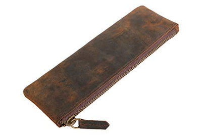 Leather Pen Pencil Case, Zip Pouch, Accessories holder, Stationery Bag, Classic Handmade Design (Vintage Brown)