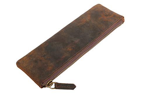 Leather Pen Pencil Case, Zip Pouch, Accessories holder, Stationery Bag, Classic Handmade Design (Vintage Brown)