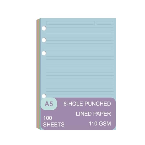 A5 Filler Paper, 6 Hole Colorful Refills, Lined Paper for 6 Ring Binder, 110 Gsm, 5-Color, Loose Leaf Planner Refill, 100 Sheets/200 Pages, 5.7 x 8.3 Inch - color: Color