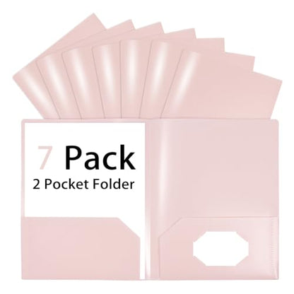 Plastic File Folders with 2 Pockets, Pink Folders with Pockets 7 Pack, File Folders Letter Size 8.5x11 inches Folder with Business Card Slot for Home Office School Business - color: Pink