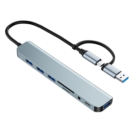 USB C/USB Hub Multiport Adapter,Aluminum 8 in 1 USB Splitter | USB 3.0 Hub SD/TF Card Reader,1 x USB 3.0, 3 x USB 2.0, 1 x USB C,and 3.5mm Audio Output for MacBook Pro Air ,iPad Pro,Laptop - color: Sliver