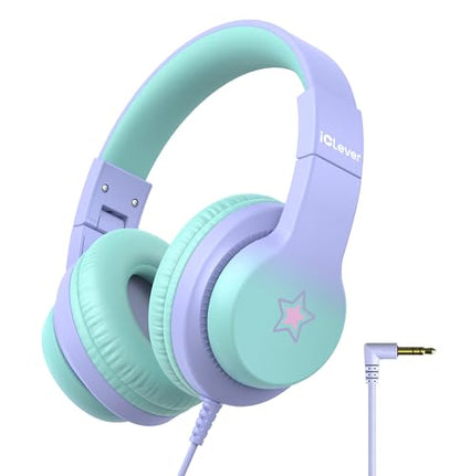 iClever HS19S Kids Headphones, 85dBA Safe Volume Limiter - Over Ear Stereo Headphones for Kids Boys Girls, Foldable 3.5mm Jack Wired Headphone for iPad/Tablet/School/Travel - color: Purple Star