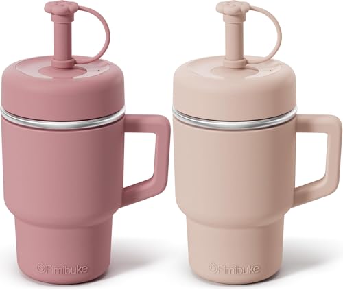 Fimibuke Toddler Tumbler with Handle & Straw, 15 OZ Spill Proof Sippy Cups | Leak Proof Stainless Steel Cups with Lid & Silicone Sleeve, BPA Free Dishwasher Safe Kids Water Bottle for Girl Boy, 2 Packs - color: Berry & Peach