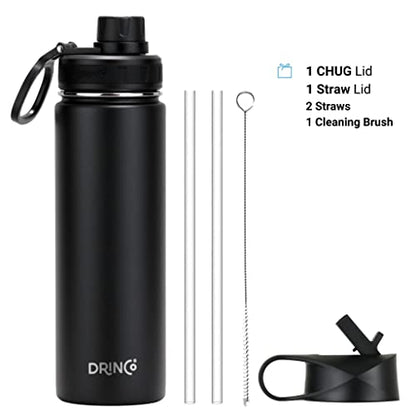 Drinco Stainless Steel Water Bottle Spout Lid Vacuum Insulated Double Wall Water Bottle Wide Mouth (40oz 32oz 22oz 18oz 14oz) Leak Proof Keep Cold Sport Camping Hiking (22 oz, 22oz Black) - color: 22oz Black, size: 22 Ounces