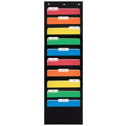 Essex Wares - 10 Pocket File Pocket Chart, Black, 14" Wide x 47" Tall - Versatile Wall Hanging File Folder Organizer for Classroom, Office, Home, and More - Wall Folder Organizer - 10 Pockets - size: 10 Pocket