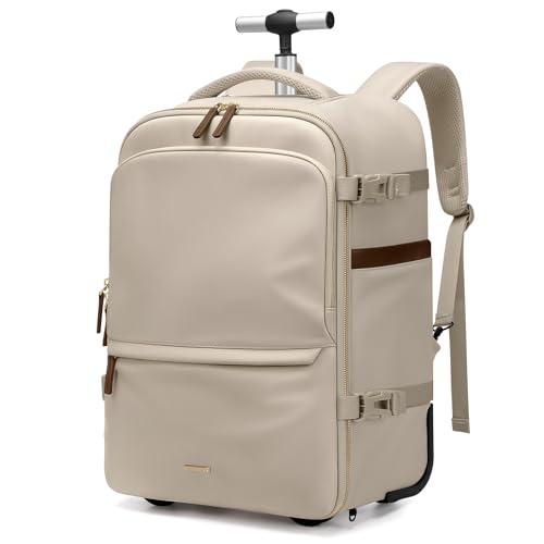 GOLF SUPAGS Rolling Backpack for Women 17 Inch Convertible Travel Laptop Backpack with Wheels, 32L Carry On Business Luggage Daypack Water-Resistant Rolling Bag for Work Short Trips (Apricot) - color: Apricot