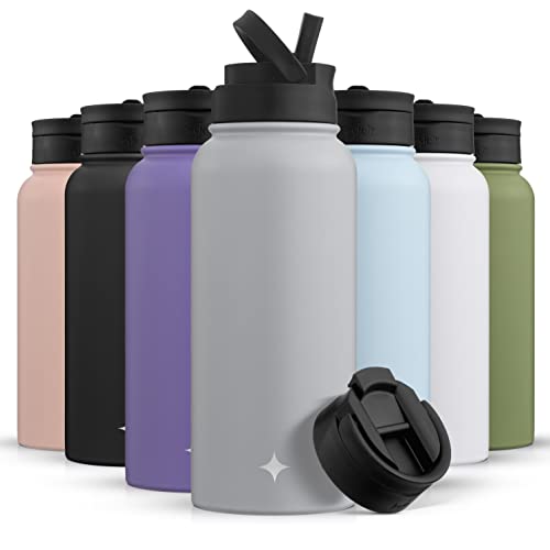 JoyJolt Triple Insulated Water Bottle with Straw Lid AND Flip Lid! 32oz Large Water Bottle, 12 Hour Hot/Cold Vacuum Insulated Stainless Steel Bottle. BPA-Free Leakproof Water Bottles - Thermos Bottle - color: Dove Grey, size: 32 Ounces