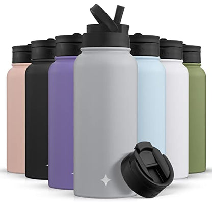 JoyJolt Triple Insulated Water Bottle with Straw Lid AND Flip Lid! 32oz Large Water Bottle, 12 Hour Hot/Cold Vacuum Insulated Stainless Steel Bottle. BPA-Free Leakproof Water Bottles - Thermos Bottle - color: Dove Grey, size: 32 Ounces