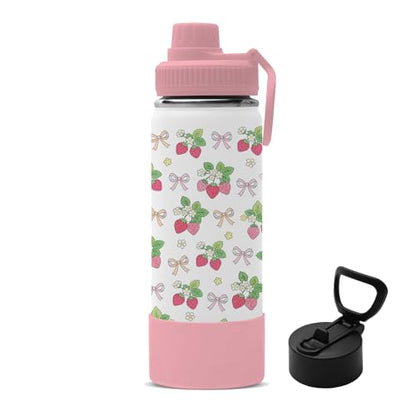 18oz Strawberry Water Bottle with 2Lids (Spout and Straw Lid), Insulated Stainless Steel Travel Bow Tumbler Cup, Strawberries Gifts for Women Teens Kids Girls - color: Strawberry