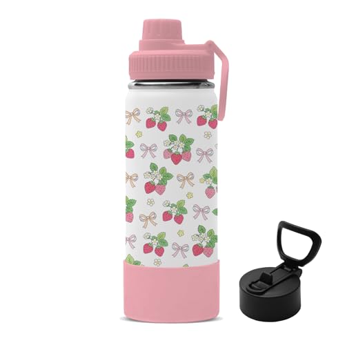 18oz Strawberry Water Bottle with 2Lids (Spout and Straw Lid), Insulated Stainless Steel Travel Bow Tumbler Cup, Strawberries Gifts for Women Teens Kids Girls - color: Strawberry