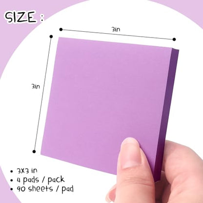Sticky Notes 3x3 Pop Up Self-Stick Notes Pads with Bright Colors, Easy to Post for Office, School, Home, 4 Pads/Pack, 90 Sheets/Pad (Purple) - color: Purple