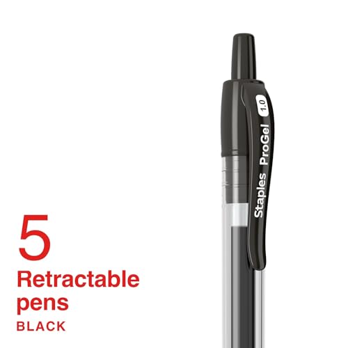 STAPLES ProGel™ Retractable Gel Pen, Bold Point, 1.0mm, Black Ink, 5/Pack - color: Black, size: 5 Pack, style: 1.0mm