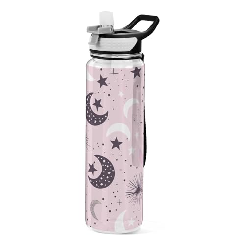 ALAZA Bohemian Pink Black Moon Star Water Bottle with Straw,Leakproof Tritan Clear Sports Water Bottle Boho Kids Water Bottle for School Outdoor Sports Drinking,32 oz - color: Bohemian Pink Black Moon Star, size: Large