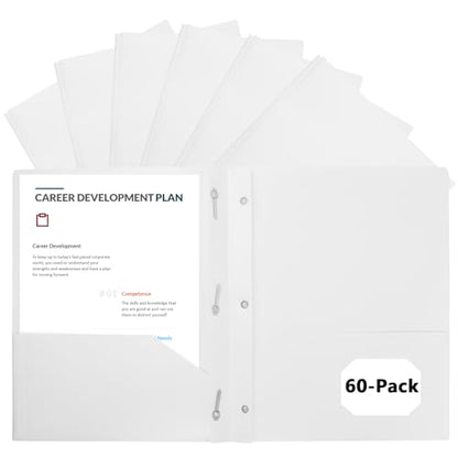 60-Pack Plastic Folders with Pockets and Prongs, 2-Pocket Poly Folders with 3 Fasteners Holds 8-1/2" x 11" Paper for School/Office/Home, White - color: White, size: 60-Pack