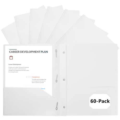 60-Pack Plastic Folders with Pockets and Prongs, 2-Pocket Poly Folders with 3 Fasteners Holds 8-1/2" x 11" Paper for School/Office/Home, White - color: White, size: 60-Pack