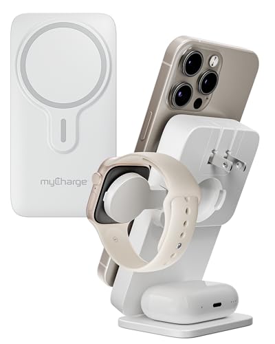myCharge EcoHub 3-in-1 Magnetic Wireless Charger & Battery Pack for iPhone, iWatch, AirPods - 6,000mAh Battery | Built-in Wall Plug | 15W Magsafe Wireless Output | Foldable | Charging Station | White - color: White