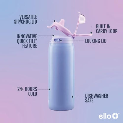 Ello Pop & Fill 18oz Stainless Steel Kids Water Bottle with Quick Fill Lid | Vacuum Insulated BPA Free Bottle with Leak Proof Straw and Chug Lid, Dishwasher Safe, Gift For Kids Teens, Purple Holo - color: Shiny: Purple, size: 18 Ounces