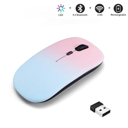LED Wireless Mouse, Slim Silent Dual-Mode 2.4G+BT Rechargable 7-Color Portable Mobile Optical Office Mouse with USB Receiver, 3 Adjustable Levels for Notebook, PC,Computer, MacBook (Gradient pink) - color: Gradient pink