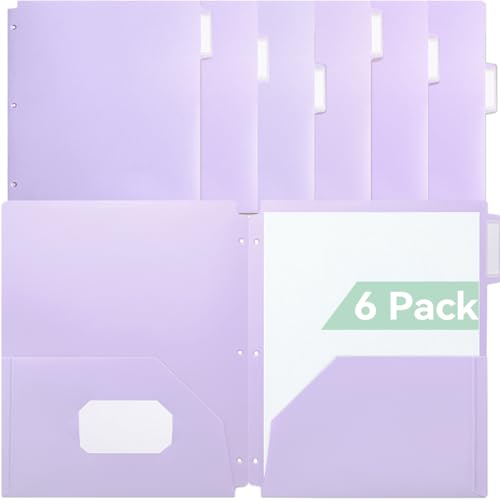 SortRax Plastic Folders with Pockets 3 Hole Punched, 6 Pack Purple Pocket Folders for 3 Ring Binder, Unique 1/3 Cut Tabs with Colorful Labels, Letter Size - color: Purple, style: 2 Pockets with 3 Hole Punched