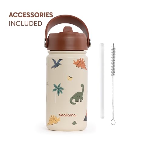 Seallama. Kids Water Bottle - 14 oz Stainless Steel Tumbler with Straw Lid, Vacuum Insulated Double Wall Travel Cup, Leak-Proof Reusable Drink Bottle for School & Everyday Hydration - color: Jurrasic Jive