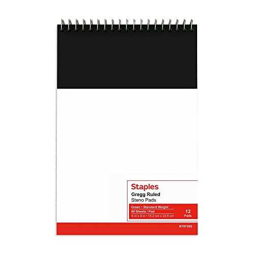 STAPLES Steno Pads, 6” x 9”, Gregg Ruled, Green Paper, 12‑Pack - size: 12 Pack, style: Green Paper