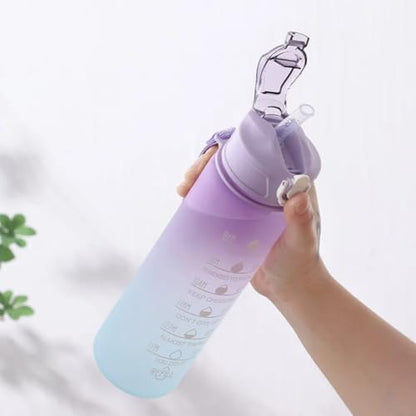 Motivational Water Bottle with Time Markers, 25oz, Gradient Blue-Orange, Leak-Proof Lid with Strap