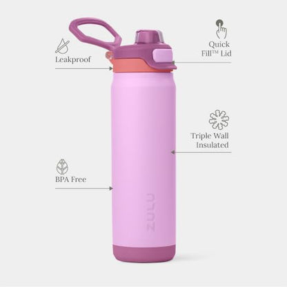 ZULU Powerfill Pro 24oz Stainless Steel Water Bottle with Quick Fill Lid, Triple Walled Vacuum Insulated Metal, Leak Proof Locking Lid, Sip and Chug, Reusable BPA Free, Sherbert - color: Sherbert, style: 24oz
