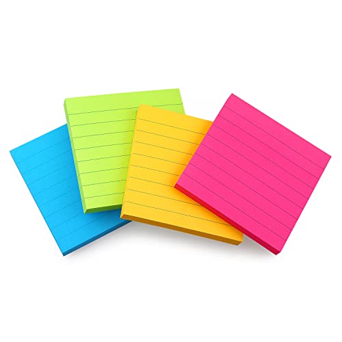 Lined Sticky Notes 3x3 in, Self-Adhesive, Bright, 4 Pads, 90 Sheets/Pad | Lined Surface for Neat and Organized Writing Strong Self-Stick Adhesive, Sticks Securely and Peels Cleanly - color: Bright