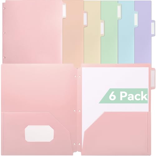 SortRax Plastic Folders with Pockets, 3 Hole Punched for 3 Ring Binder, 1/3 Cut Index Tabs for Quick Find, Pastel 6 Pack, Letter Size for School, Colorful Labels - color: Assorted Pastel, style: 2 Pockets with 3 Hole Punched