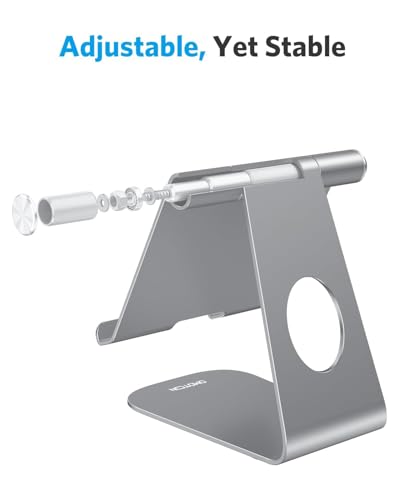 OMOTON T1 Adjustable Tablet Stand for Desk, Aluminum Holder for iPad Grey | Solid Metal Build | Charging Cutout | Anti-Slip Silicone Pads | Multi-Angle Adjustable | Fits 3.5-12.9" | Holds Thick Cases - color: Grey