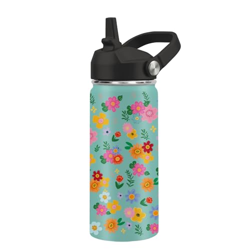 Kids Water Bottle Insulated - Floral Water Bottle for Kids, 16oz Stainless Steel Insulated Water Bottles with Straw Lid, Leakproof BPA-Free Floral Water Bottles for Travel Sports - color: Floral#green, size: 16 Ounces