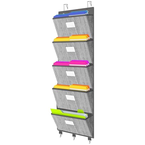 homyfort Over the Door File Organizer, Hanging File Folders, Wall Organizers and Storage for Mail, Magazine, Notebooks, Planners, Office, Classroom, 5 Extra Large Pockets, 50.39” Tall (Grey) - color: Grey