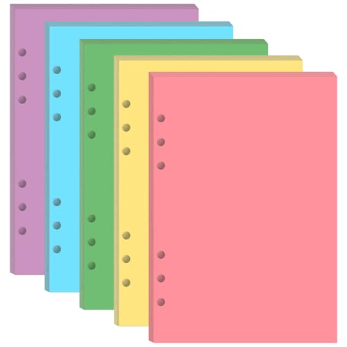 6-Hole Punched Blank Paper for A5 Binders - 100 Sheets/200 Pages Blank Paper Refills, Per Color 20 Sheets, Colorful Printer Papers, 5.8" x 8.25" - size: 1-Pack, style: 6-Hole
