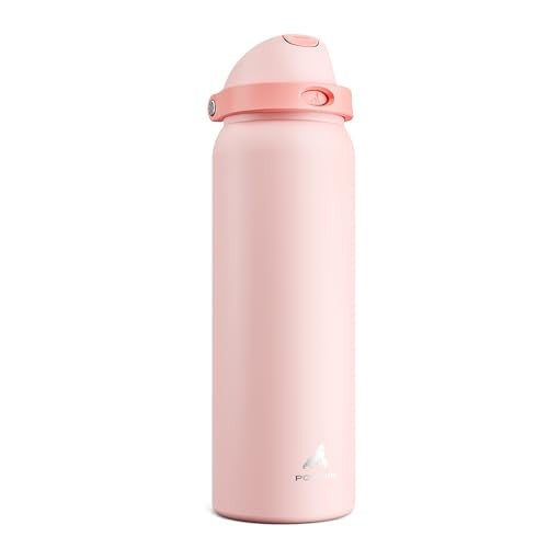 POWCAN 40 oz Insulated Water Bottle for Sports: 2-in-1 Lid with Push-Button Spout & Quick-Flip Straw, Leakproof, Car Cupholder Friendly, Stainless Steel for Gym, School, Travel, Camping (Cotton Candy) - color: Cotton Candy, size: 40 Ounces