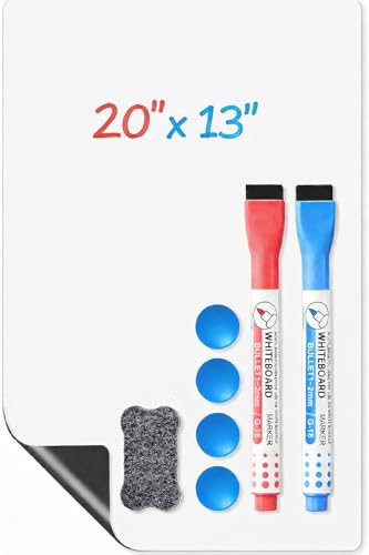 Magnetic Whiteboard for Fridge, 20" x 13" Dry Erase Board Set with Markers & Eraser, Strong Magnet & Stain-Resistant Surface, Fridge Calendar for Notes, Grocery List, Meal Planning & Family Schedule - size: 20"W x 13"H, style: 1 Pack