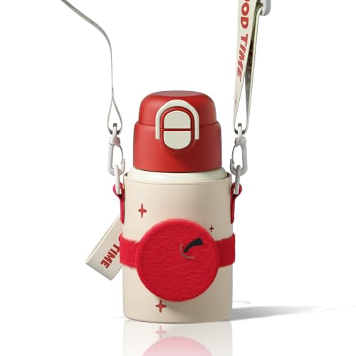 SDGA+ Kids Insulated Water Bottle with Shoulder Strap - 22 oz Kawaii Stainless Steel Tumbler with 3D Fuzzy Charm, Leak-Proof Flip Top & Vacuum Flask for School, Travel, BPA Free, Red - color: Red