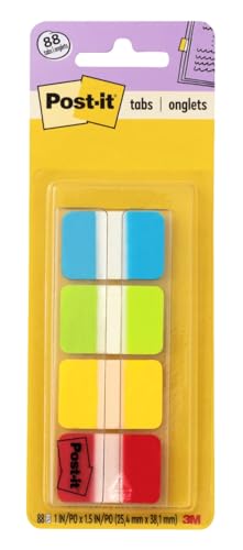 Post-it Sticky Tabs, 1 in. x 1.5 in., 4 Pads of Book Tabs in Assorted Colors for Bookmarking, Annotating, Reading, and Reminders, Green, Blue, Red, and Yellow Colors (88 Total Count)