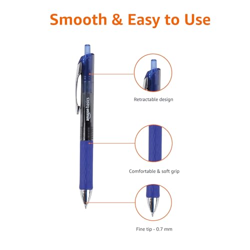 Amazon Basics Retractable Gel Pens, Fine Point 0.7mm, Smooth Writing, No-Smear Ink, Blue, 12-Pack - color: Blue