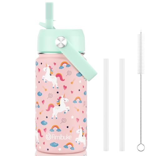Fimibuke Kids Insulated Water Bottle, 14oz BPA FREE 18/8 Stainless Steel Travel Tumbler Double Wall Vacuum Leak Proof Kids Cup with Straw Metal Water Bottle for School Boys Girls(1 Pack, UNICORN) - color: A10. UNICORN
