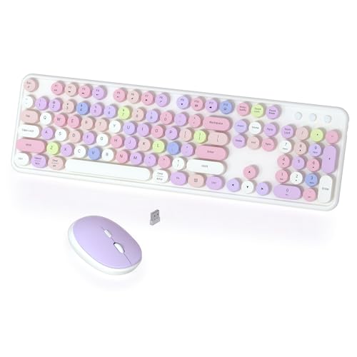 Colorful Wireless Keyboard and Mouse Combo, COVEVA 2.4GHz Wireless Retro Cute Round Keycaps Keyboard, 104 Keys Full-Sized Keyboard Mouse Set with Switch Button for PC Laptop Desktop (White Colorful) - color: white-pink color