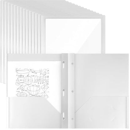 Teling 24pcs Heavy Duty Plastic Folders with Front Clear Pocket, 3 Prongs and 2 Pockets, Fit Letter-Size Paper Folders with Card Slot, for School Office Supplies Back to School Gifts (White) - color: White