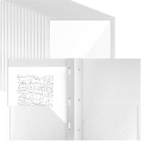 Teling 24pcs Heavy Duty Plastic Folders with Clear Front Pocket and Card Slot, 3 Prongs and 2 Pockets, Letter-Size, Reports Document Presentations Office Supplies, Back to School Gifts (White) - color: White