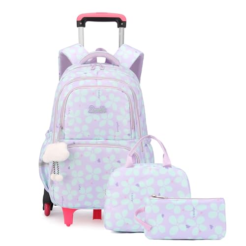 Bansusu 3Pcs Kids Rolling Backpack for Girls with Lunch Bag, Lucky Leaf School Bag Girls Roller Backpack with 6 Wheels, Purple - color: 3pcs-6 Wheels-purple