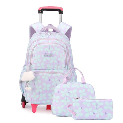 Bansusu 3Pcs Kids Rolling Backpack for Girls with Lunch Bag, Lucky Leaf School Bag Girls Roller Backpack with 6 Wheels, Purple - color: 3pcs-6 Wheels-purple