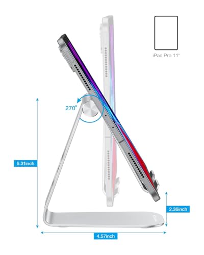OMOTON T1 Adjustable Tablet Stand for Desk, Aluminum Holder for iPad Silver | Solid Metal Build | Charging Cutout | Anti-Slip Silicone Pads | Multi-Angle Adjustable | Fits 3.5-12.9" | Holds Thick Cases - color: Silver