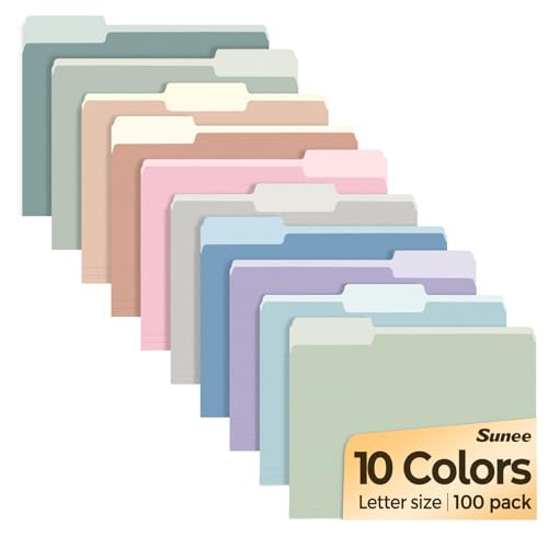 SUNEE File Folders Letter Size 10 Pastel Colors, 100 Pack Manilla Folders 8.5 x 11 1/3-Cut Tabs, Colored File Folders Office Home School for Documents Files Paper - color: 10 Pastel Colors